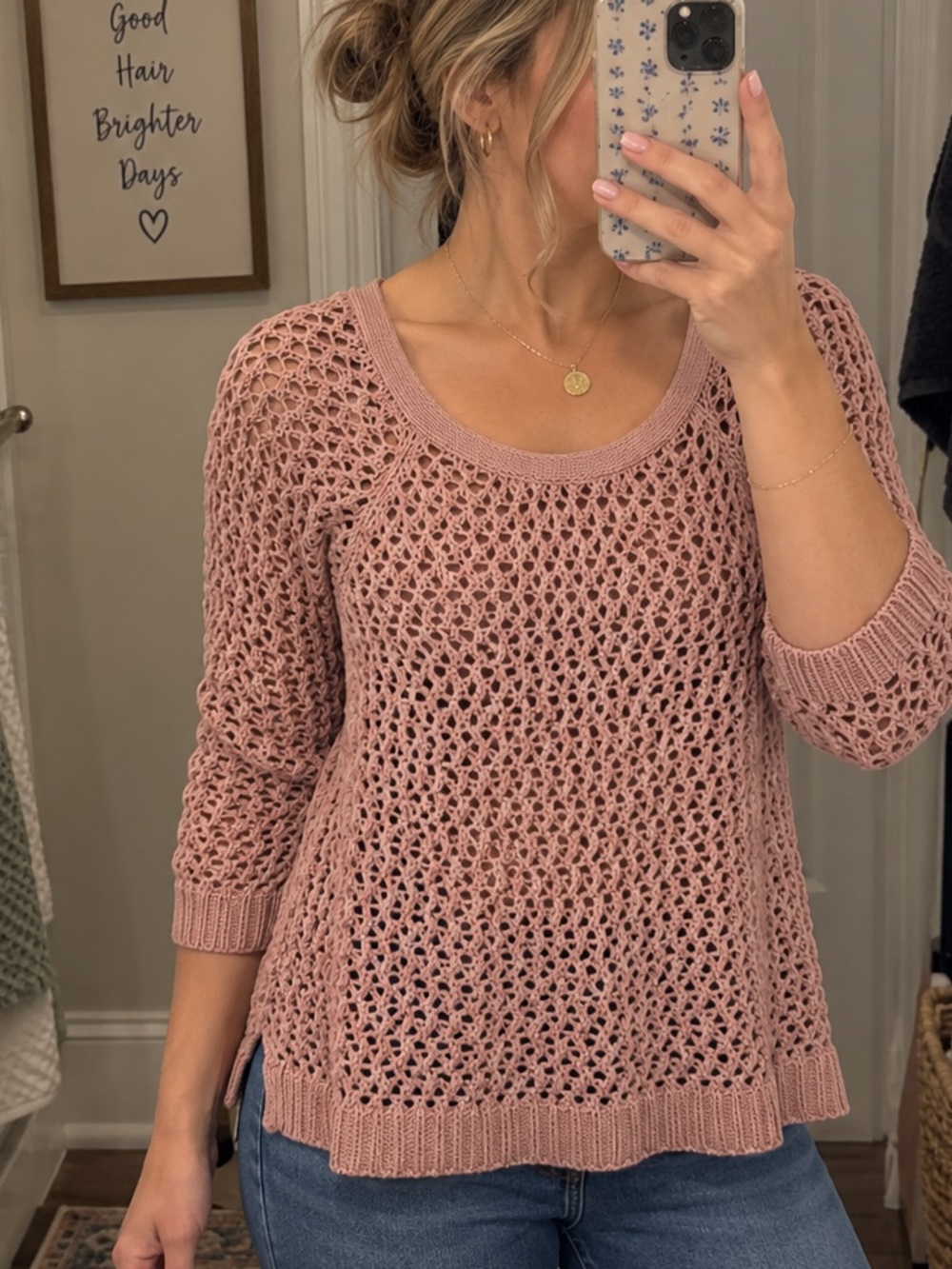 American Eagle‎ Open Knit Sweater XL Pink Crochet Lightweight Boho Pullover